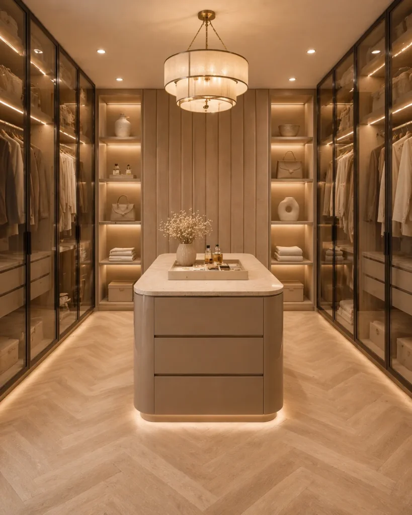 Beige Walk-In Closet with Glass Wardrobes Idea
