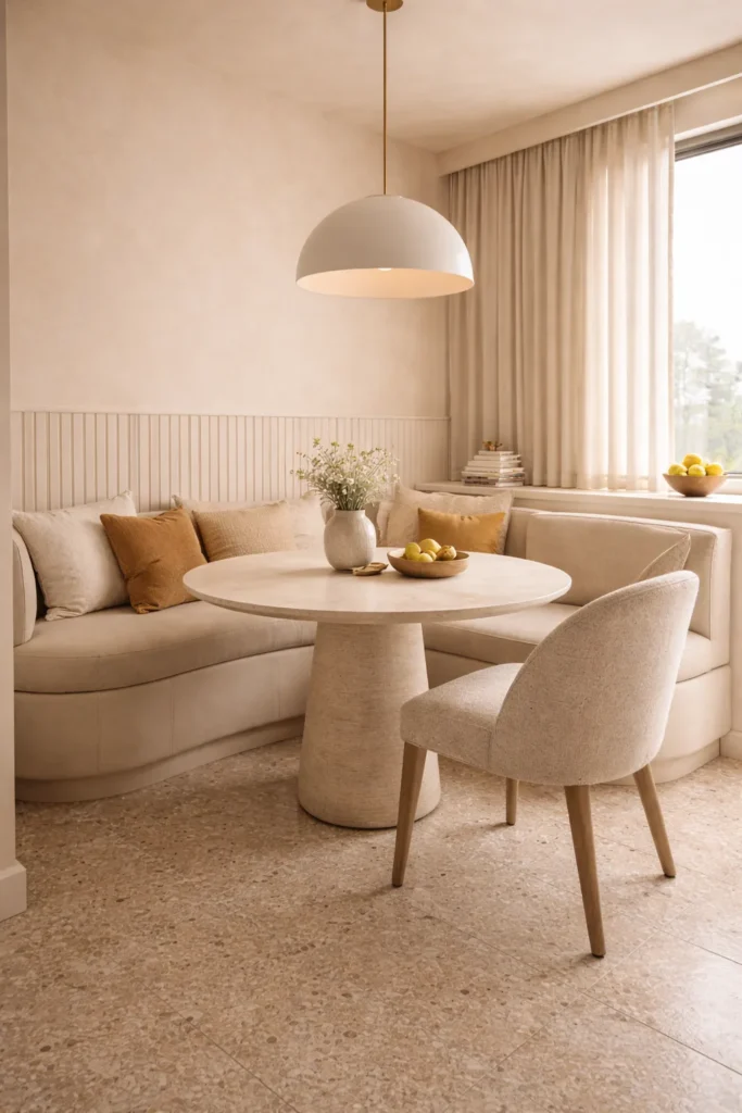 Beige Breakfast Nook with Curved Bench Seating Idea
