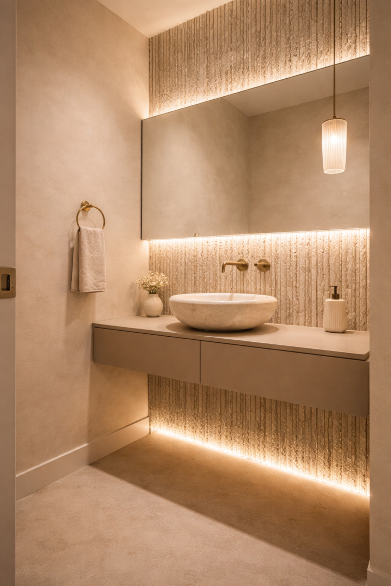 Beige Powder Room with Textured Stone Sink Wall Idea