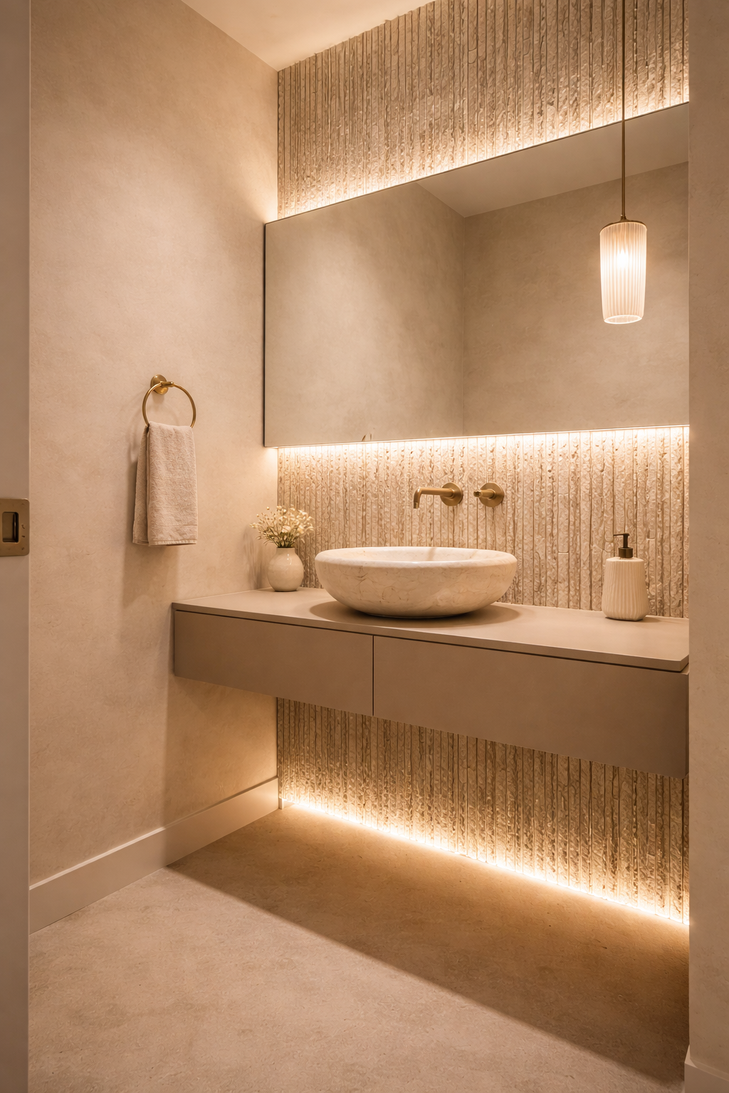 Beige Powder Room with Textured Stone Sink Wall Idea