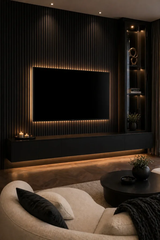 Black Fluted Dramatic Media Wall Idea