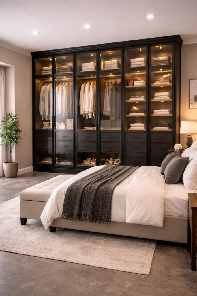 Black Framed Glass Wardrobe with Interior Lighting Idea