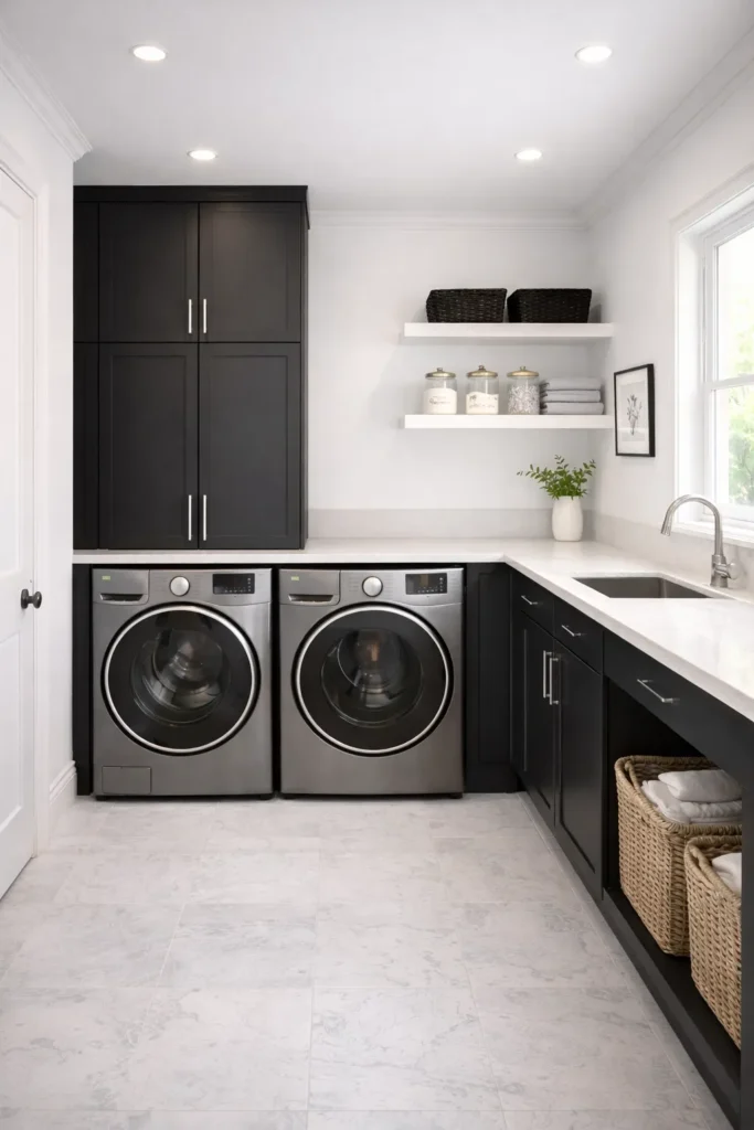 Black and White Contrast Laundry Room Design Idea