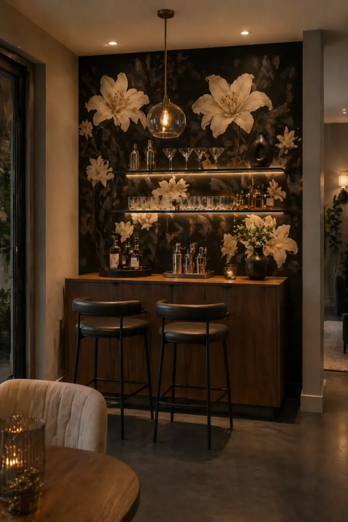 Black Floral Wallpaper Bold Home Bar Corner Idea