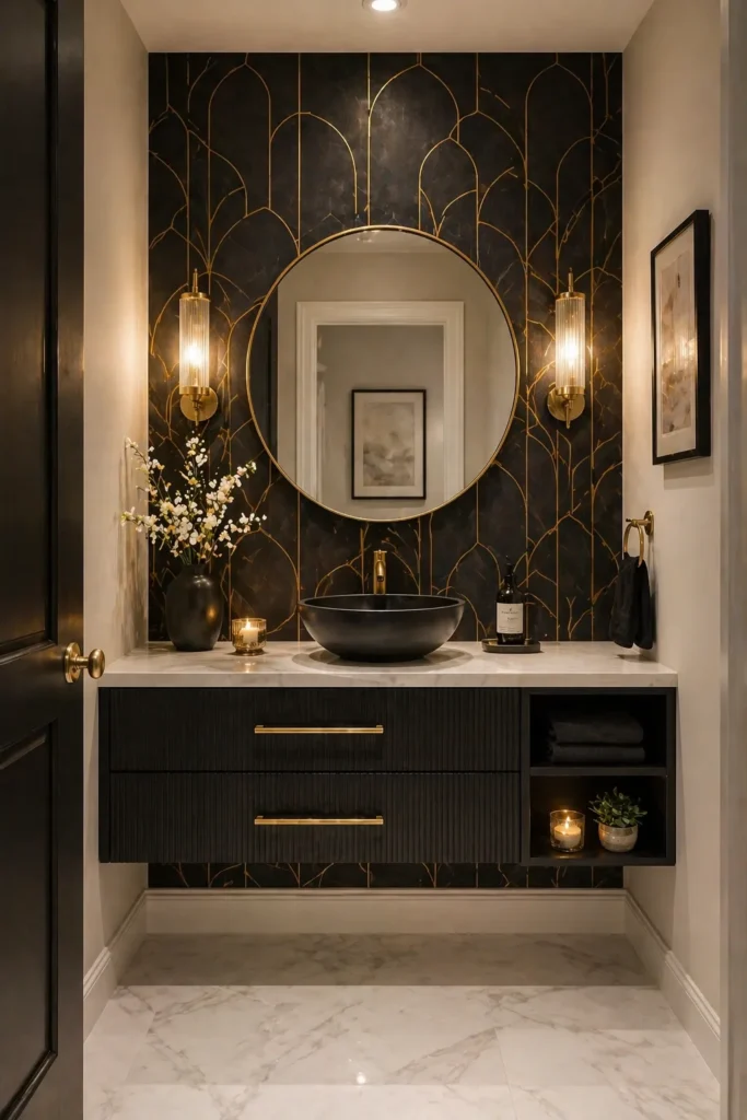 Black & Gold Powder Room Accent Wall Idea