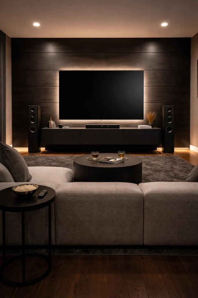Black Wood Panel Media Room Accent Wall Idea