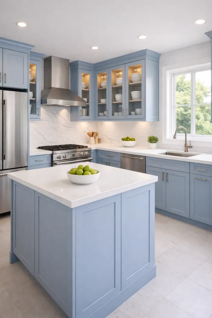 Blue Kitchen with Glass Cabinet Doors Idea