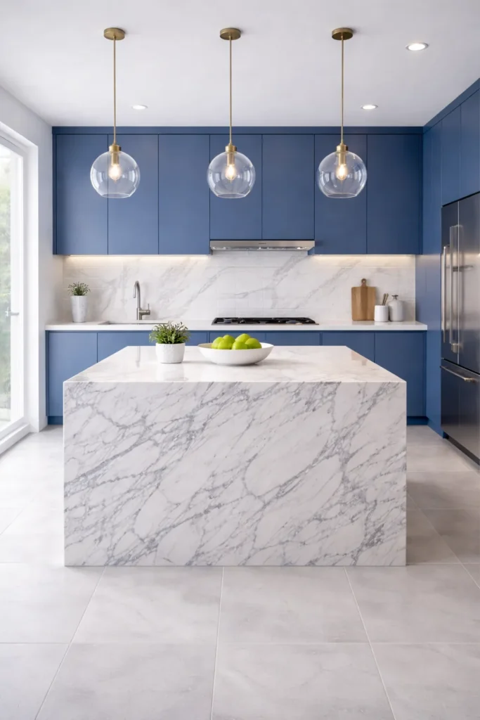 Blue Kitchen with Marble Island Idea