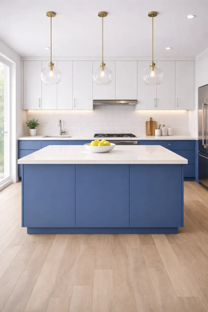 Blue Kitchen with Large Center Island Idea
