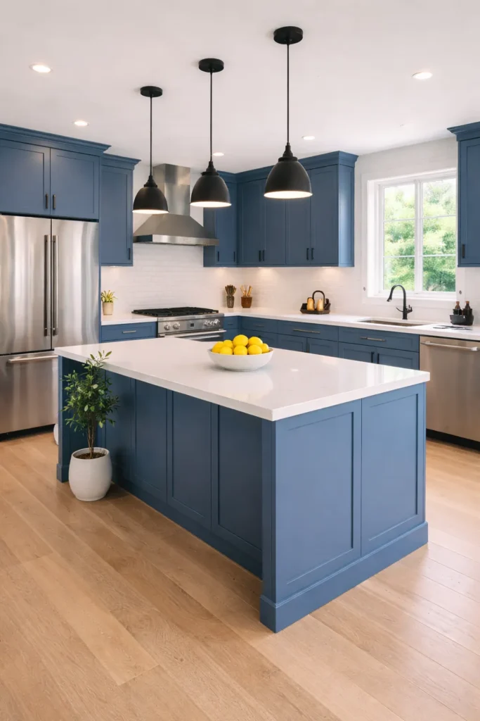 Blue Kitchen with Black Hardware Contrast Idea