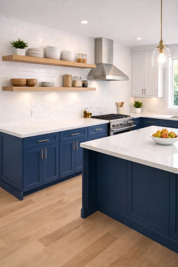 Blue Kitchen with Open Shelving Idea