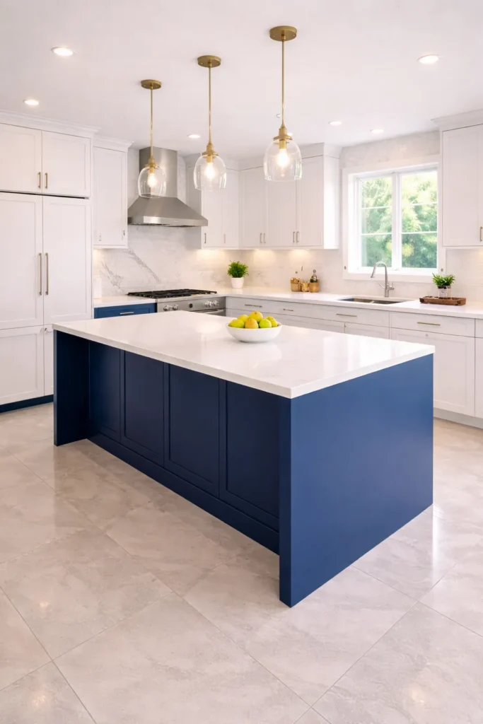 Blue Kitchen with Waterfall Island Idea
