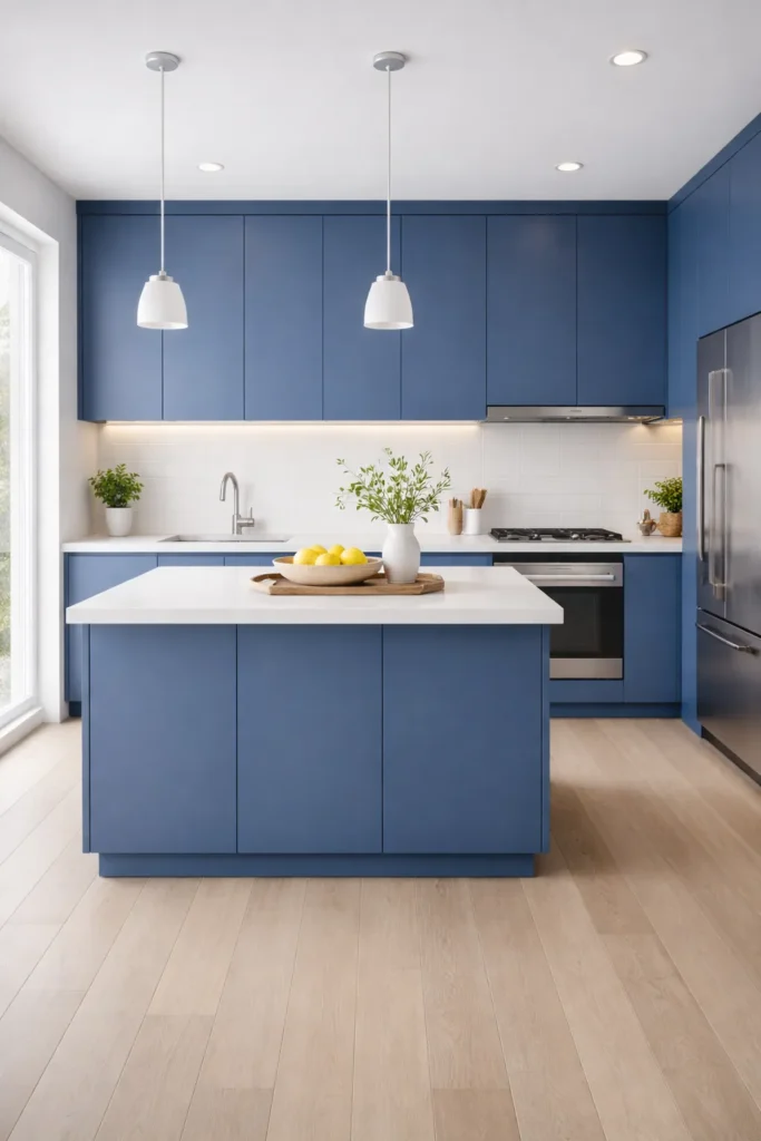 Blue Kitchen with Tall Cabinet Storage Idea