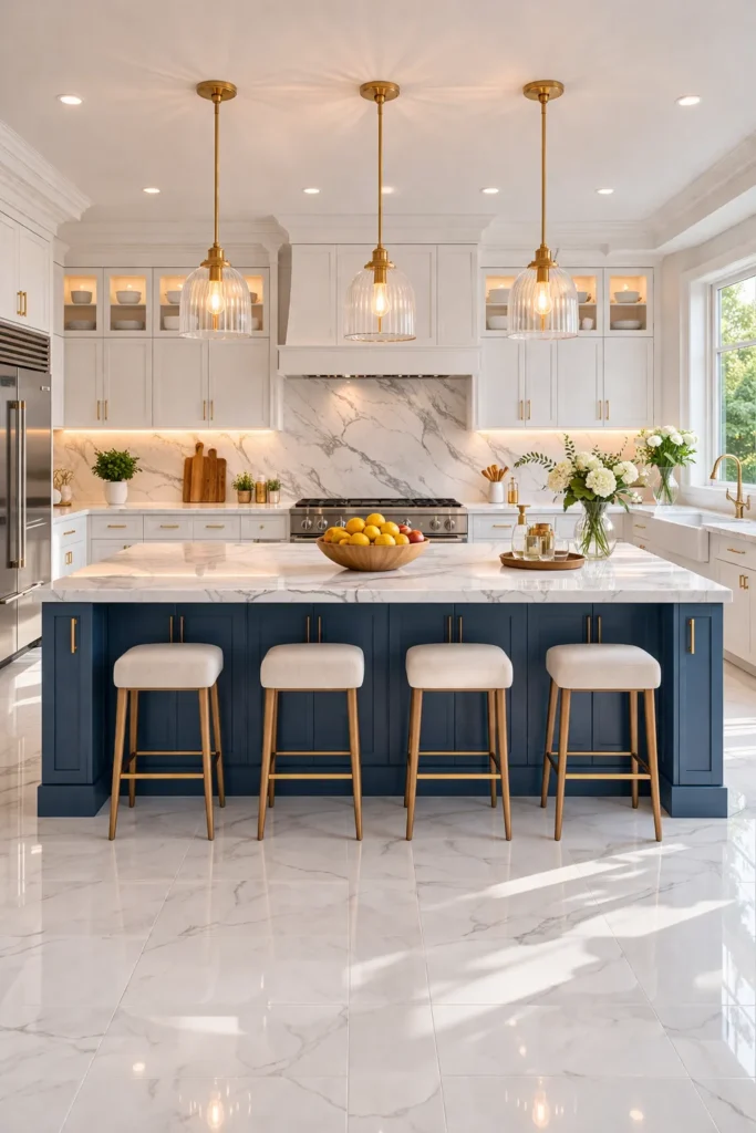 Blue Kitchen with Large Island Centerpiece Idea