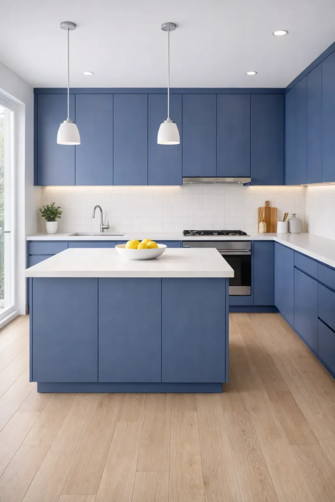 Blue Kitchen with White Countertops Idea