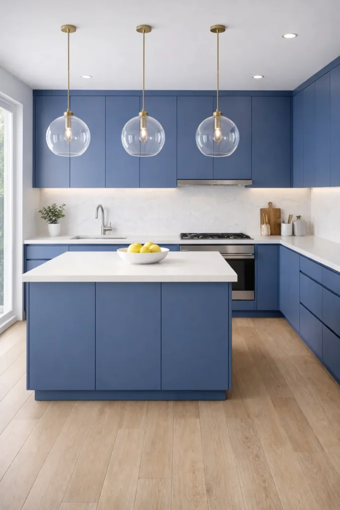Blue Kitchen with Statement Pendant Lighting Idea
