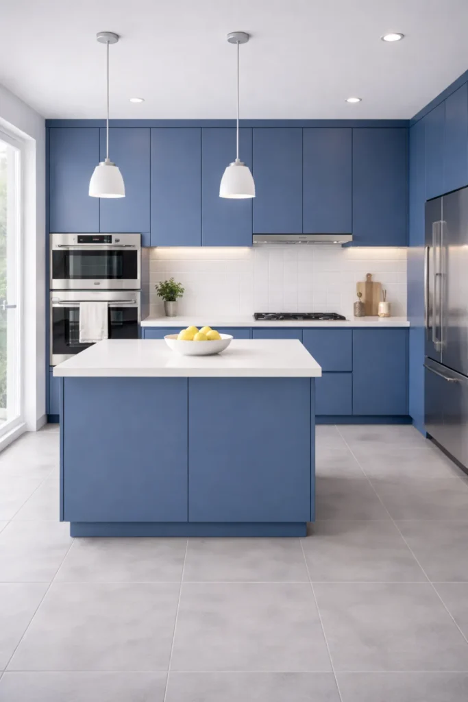 Blue Kitchen with Built-In Appliances Idea