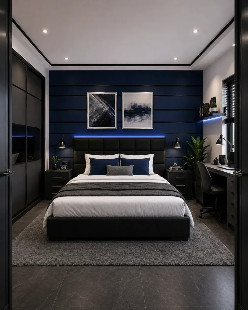 Blue-Black Contrast Bedroom Idea