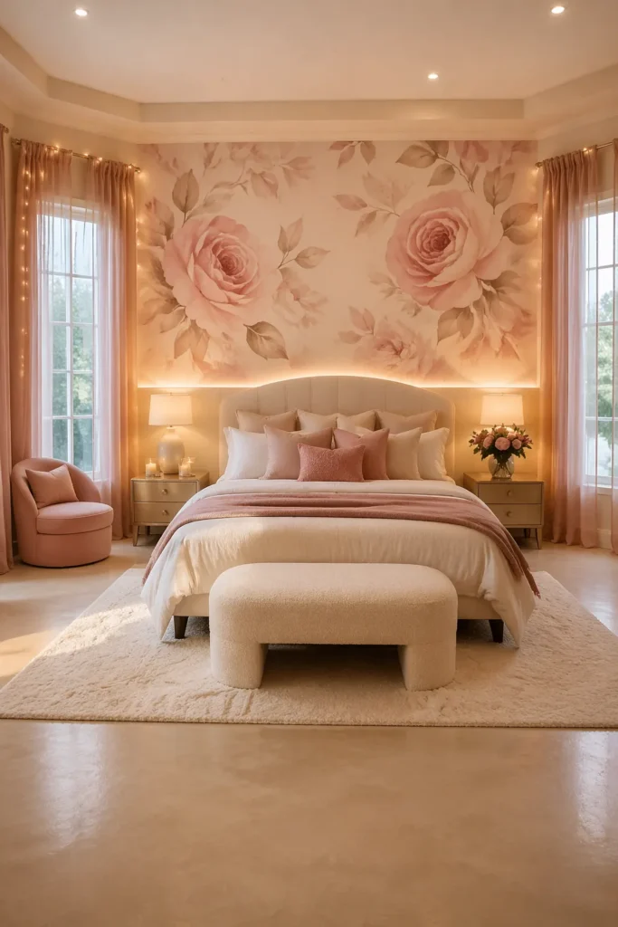 Blush Rose Watercolor Bedroom Accent Wall Idea