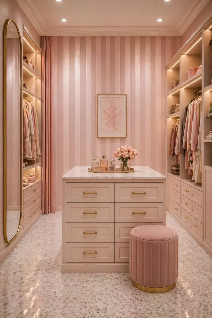 Blush Satin Stripe Wallpaper for Walk-In Closet Elegance Idea