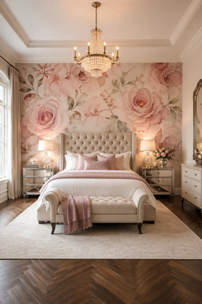 Blush Rose Watercolour Bedroom Accent Wall Idea