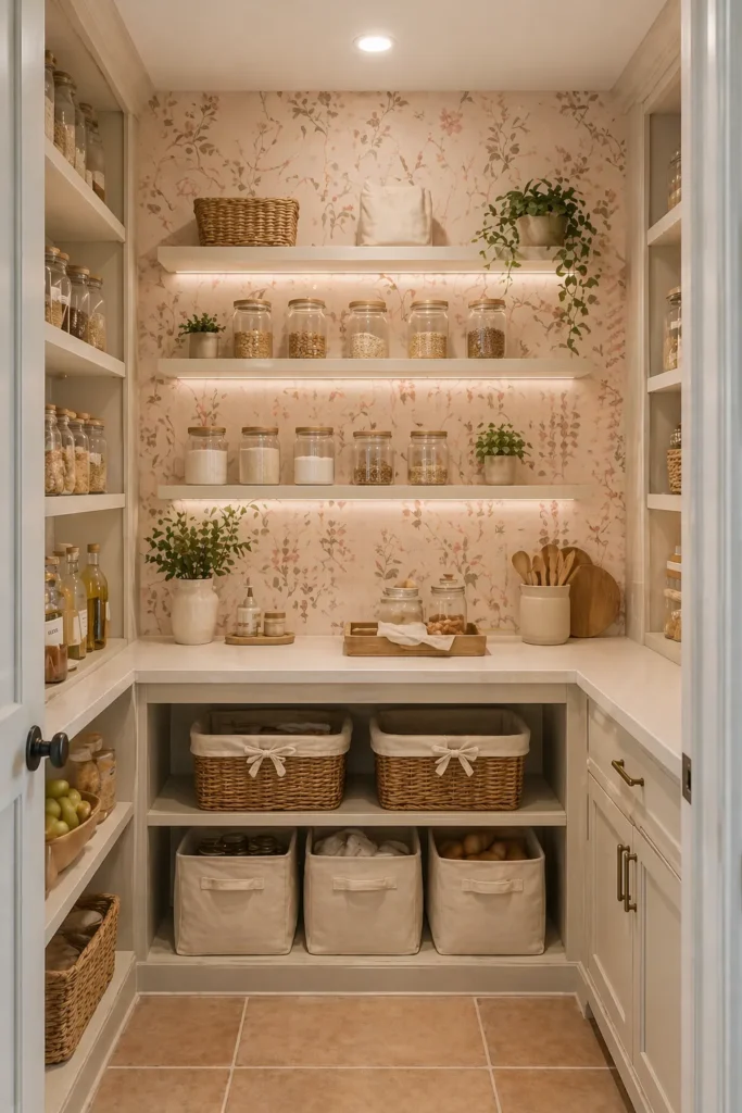 Blush Floral Vine Wallpaper for Pantry Corner Idea