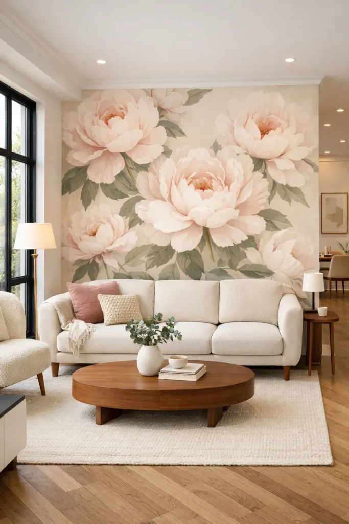 Blush Peony Floral Wallpaper Modern Living Room Idea