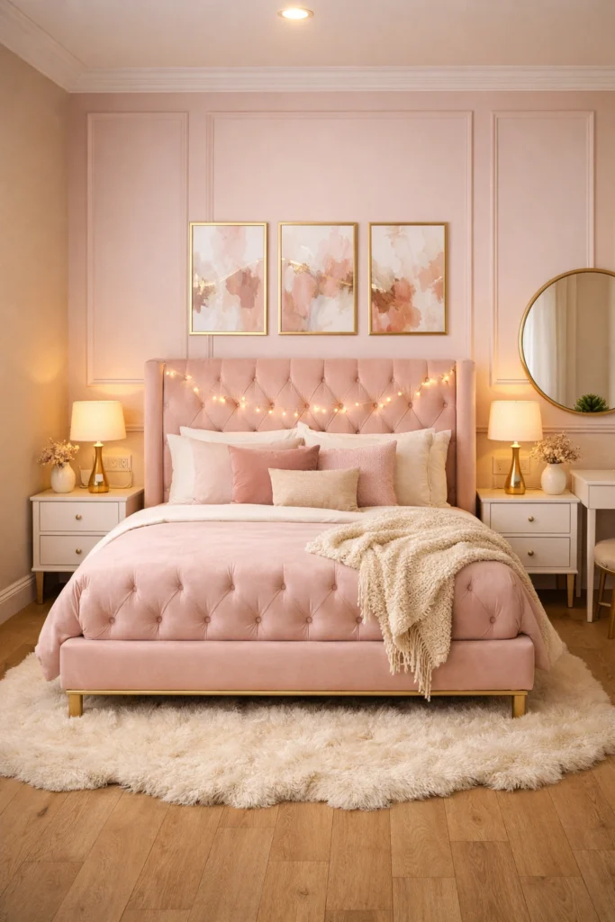 Blush Pink Tufted Bed with Gold Accents Idea