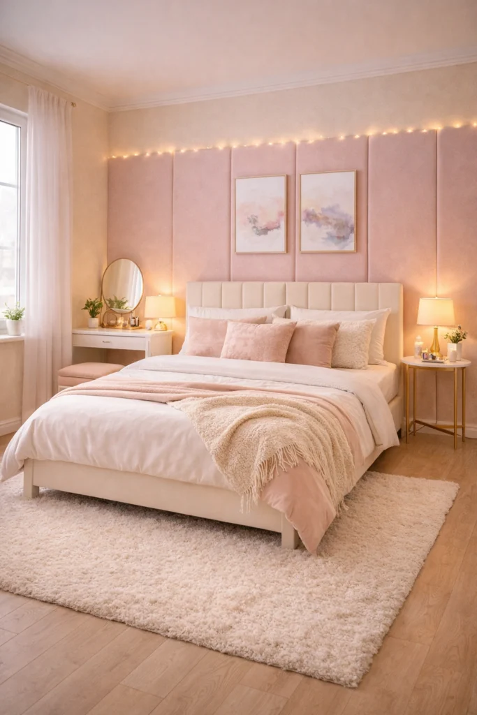 Blush Pink Upholstered Wall Bedroom Idea