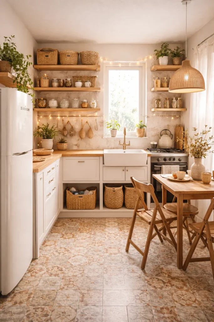 Boho Chic Small Kitchen with Warm Textures Idea