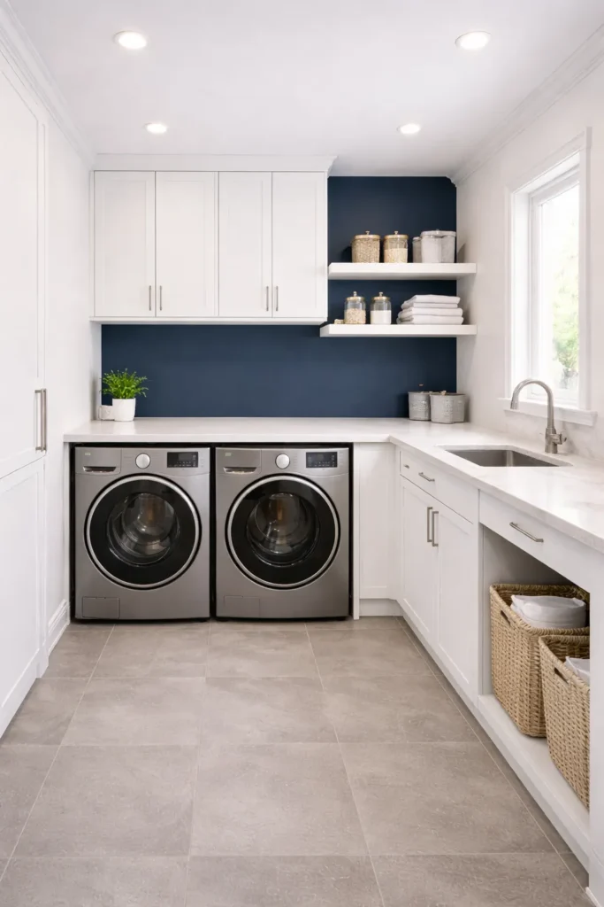 Bold Navy Accent Laundry Room with White Countertops Idea