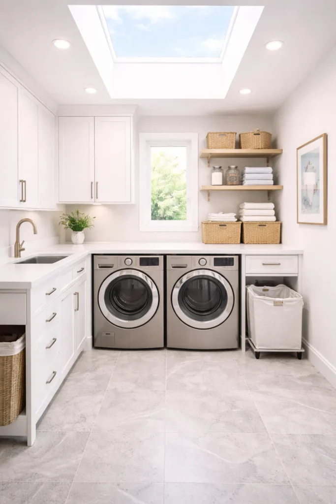 Bright Functional Laundry Room with Skylight Ceiling Idea