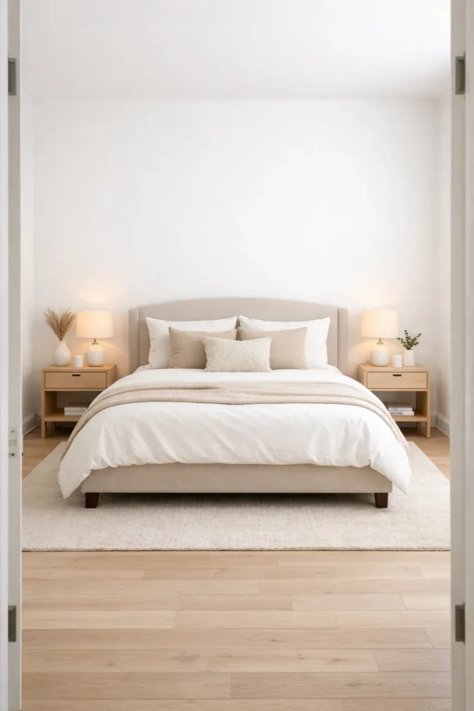 Bright Minimal Bedroom With Soft Neutral Bed Idea