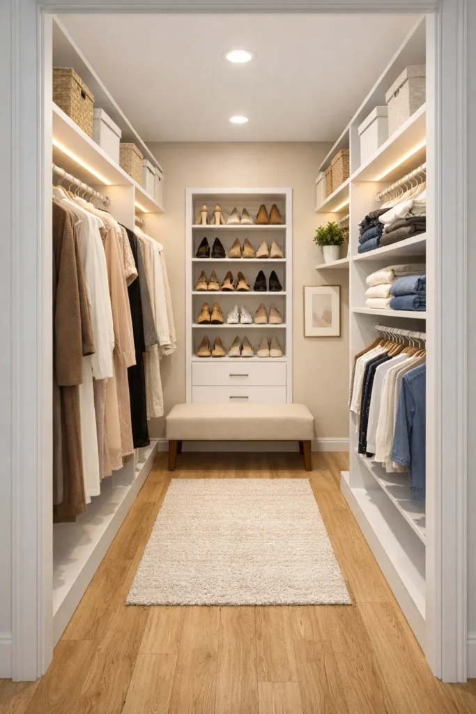 Bright White Walk-Through Closet With Warm Wood Floor Idea
