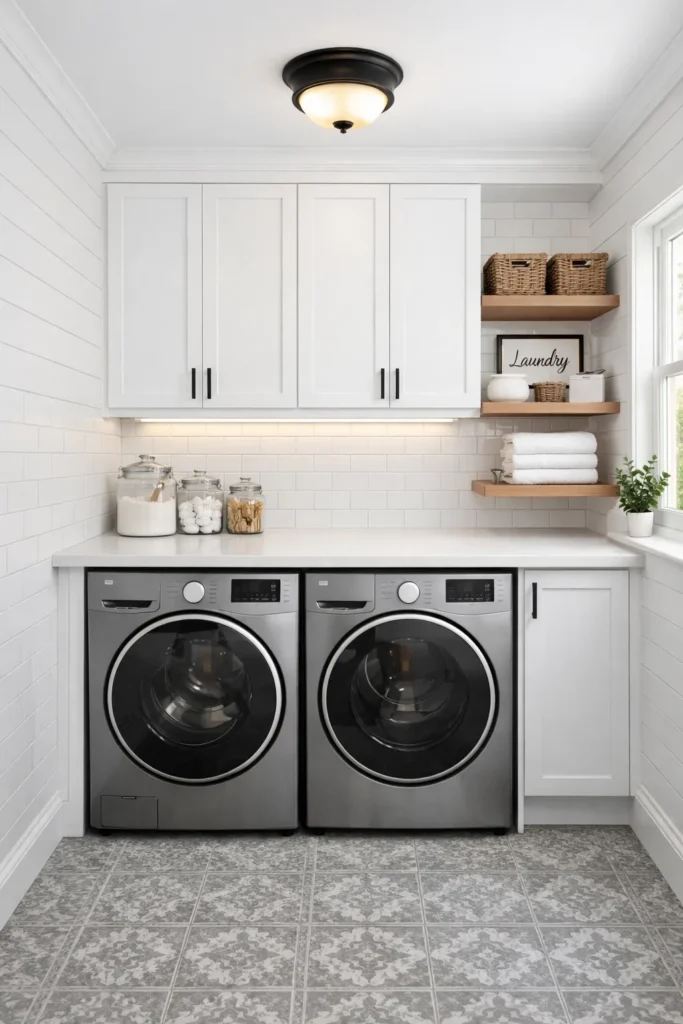 Bright White Farmhouse Laundry Room with Subway Tile Walls Idea