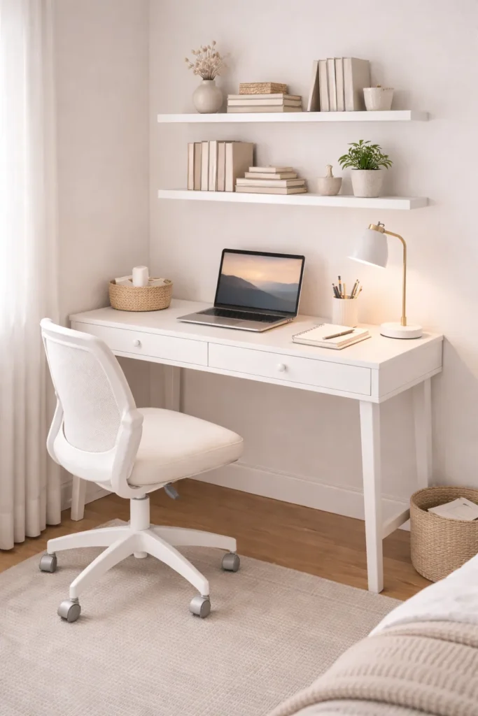 Bright White Study Corner Desk Setup Idea