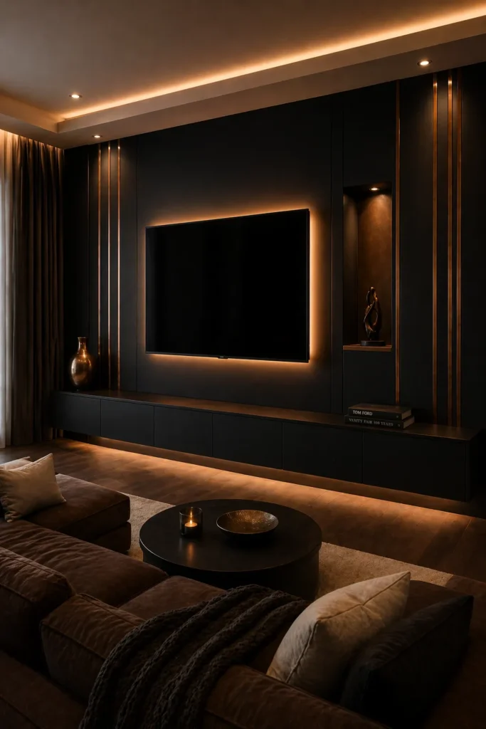 Bronze & Black Contrast Media Wall Idea