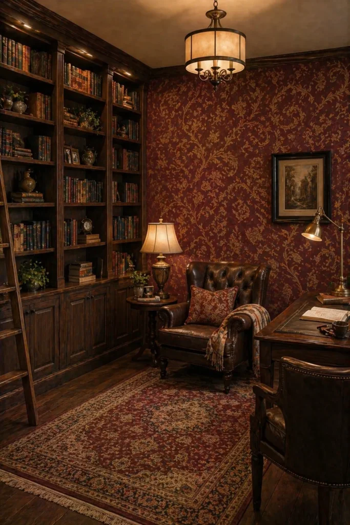 Burgundy Vintage Library Wall Idea