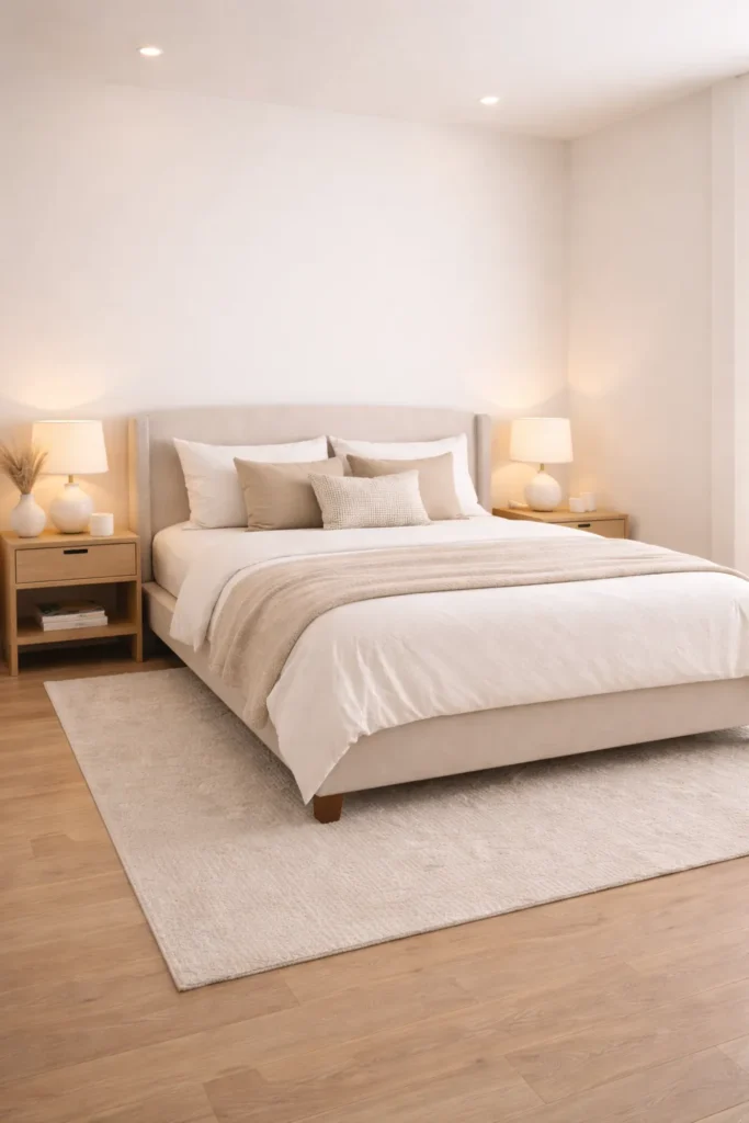 Calm Neutral Bedroom With Soft Fabric Bed Idea