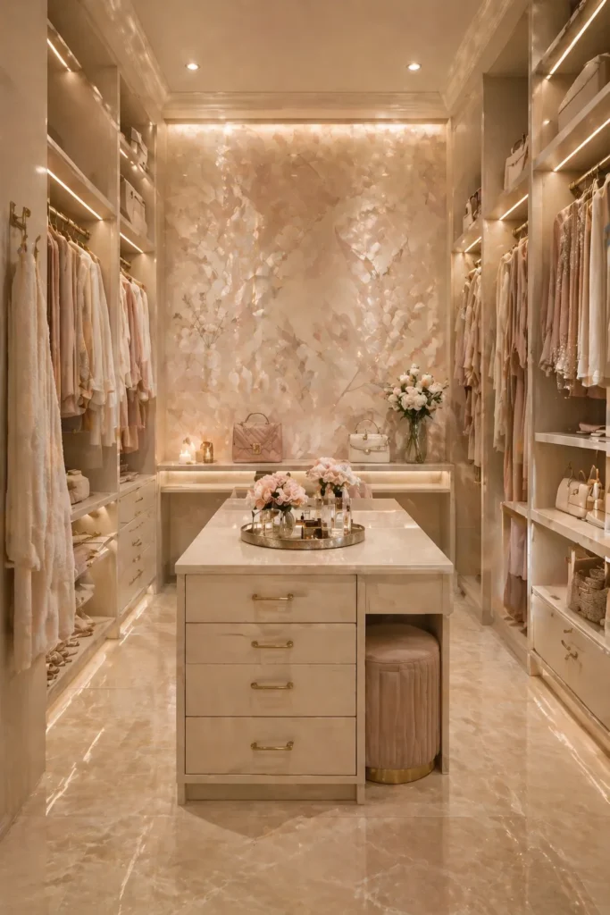 Champagne Petal Print Walk-In Closet Wall Idea
