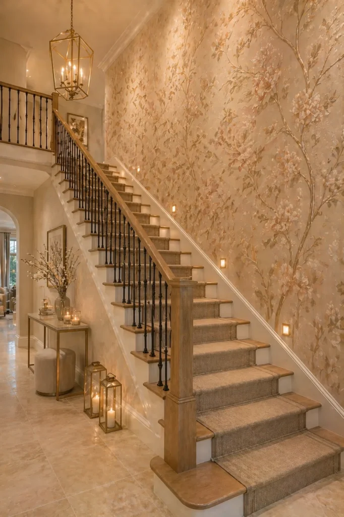 Champagne Floral Staircase Wallpaper Panel Idea