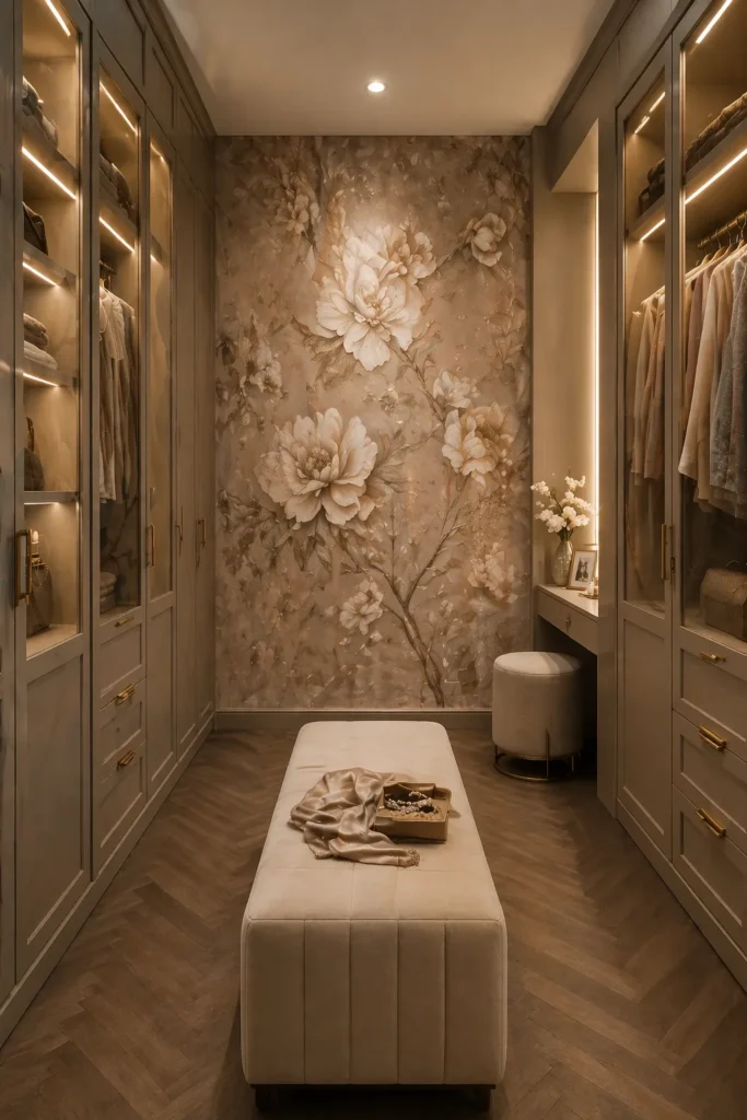 Champagne Floral Wallpaper Sophisticated Dressing Room Idea