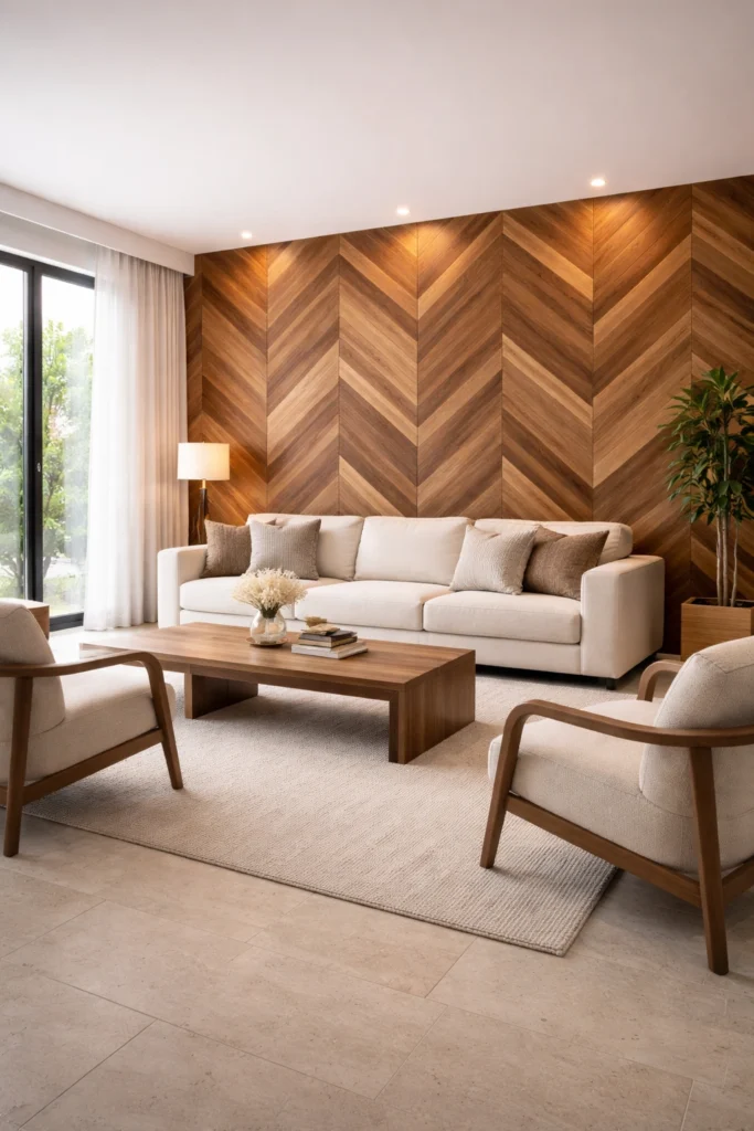 Chevron Wood Paneling Living Room Accent Wall Idea