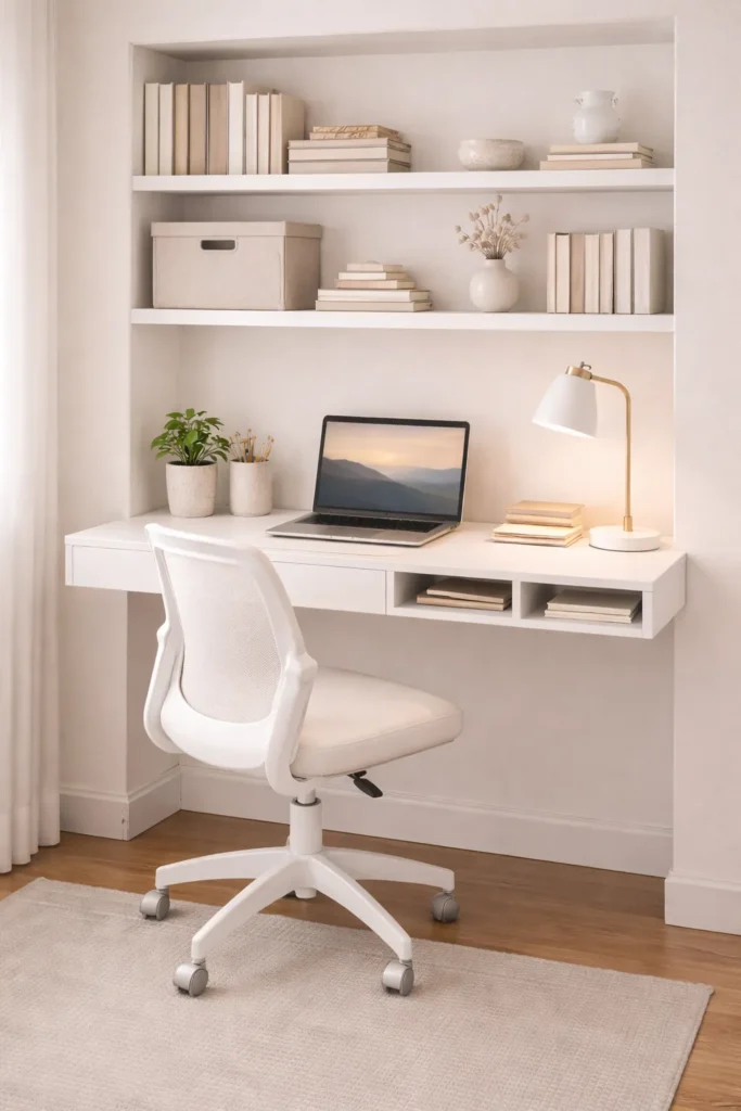Clean White Shelf Desk Setup Idea