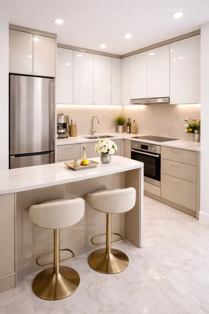 Compact Luxury Small Kitchen with Glossy Finishes Idea