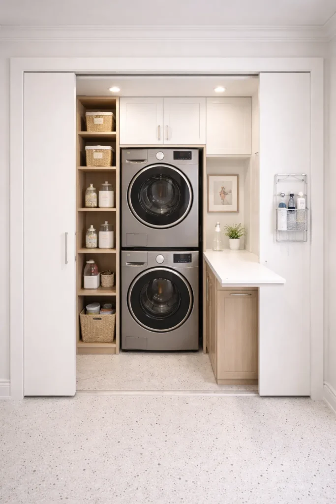 Compact Apartment Laundry Closet with Sliding Doors Idea