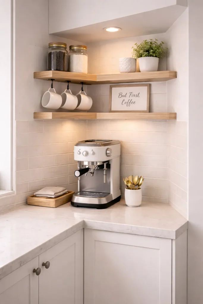 Compact Corner Shelf Coffee Bar Idea