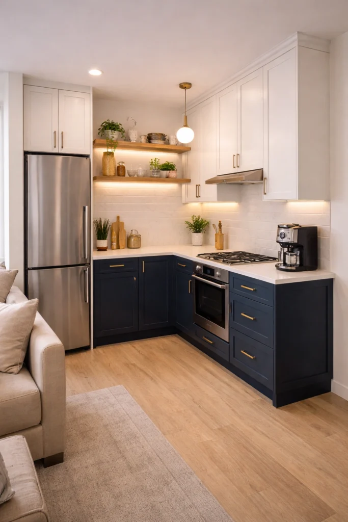 Compact Kitchen with Bold Navy Cabinets and Brass Accents Idea