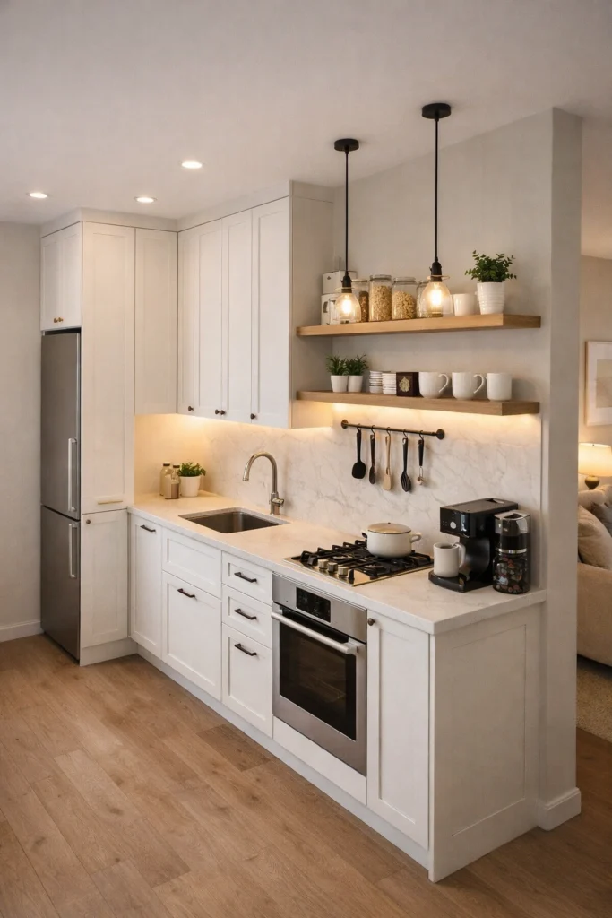 Compact Kitchen with Open Shelf Styling and Warm Lighting Idea