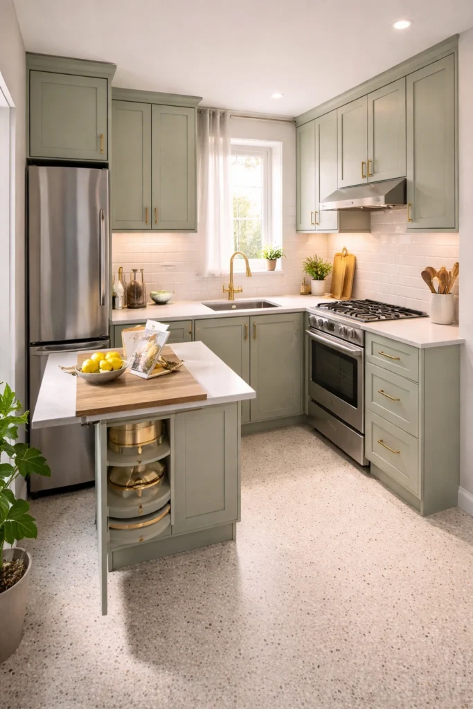 Compact L-Shaped Kitchen with Soft Sage Cabinets Idea